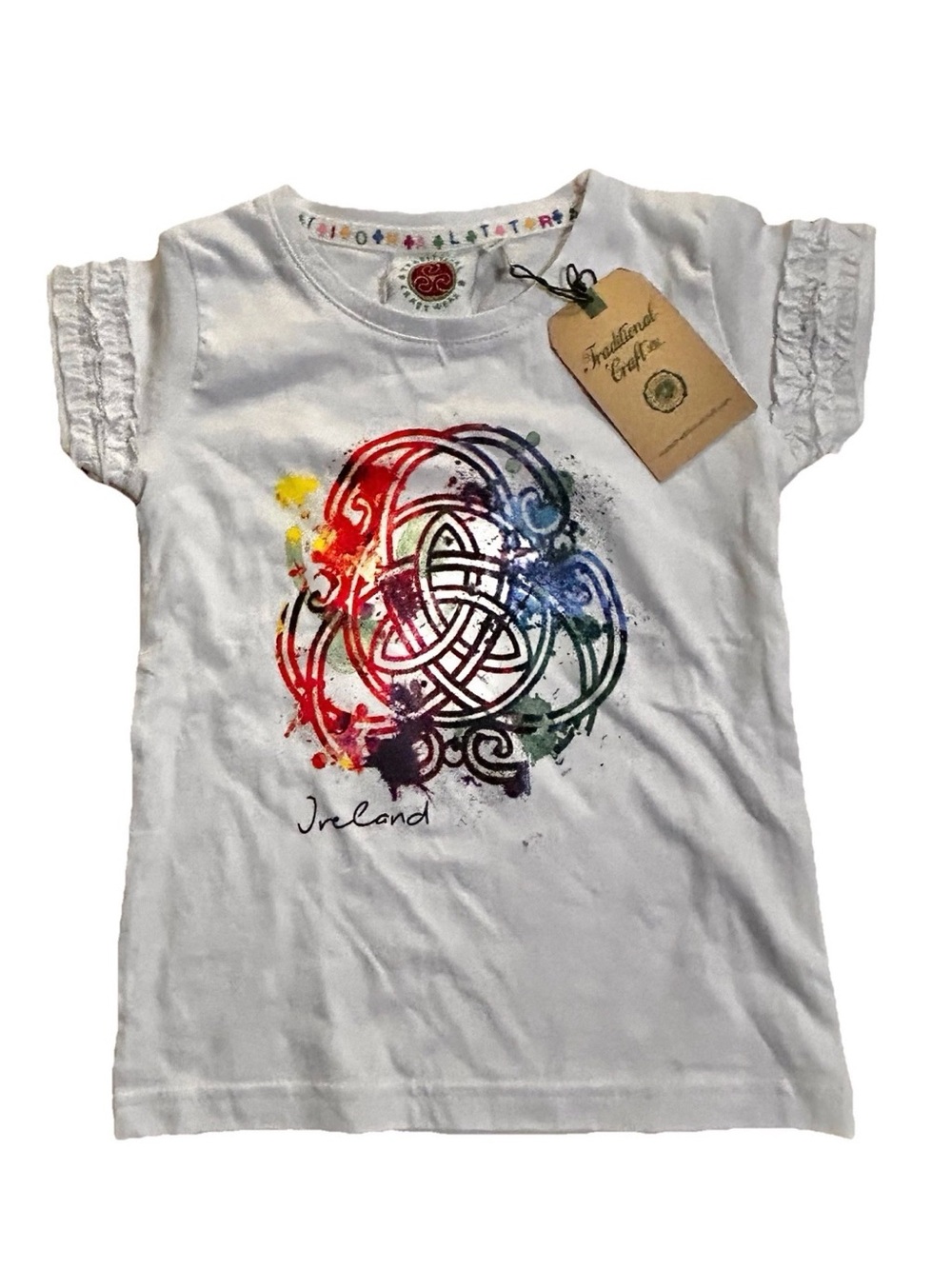 NEW! Traditional Craft Wear White cotton Shirt w Colorful Ireland Celtic Design